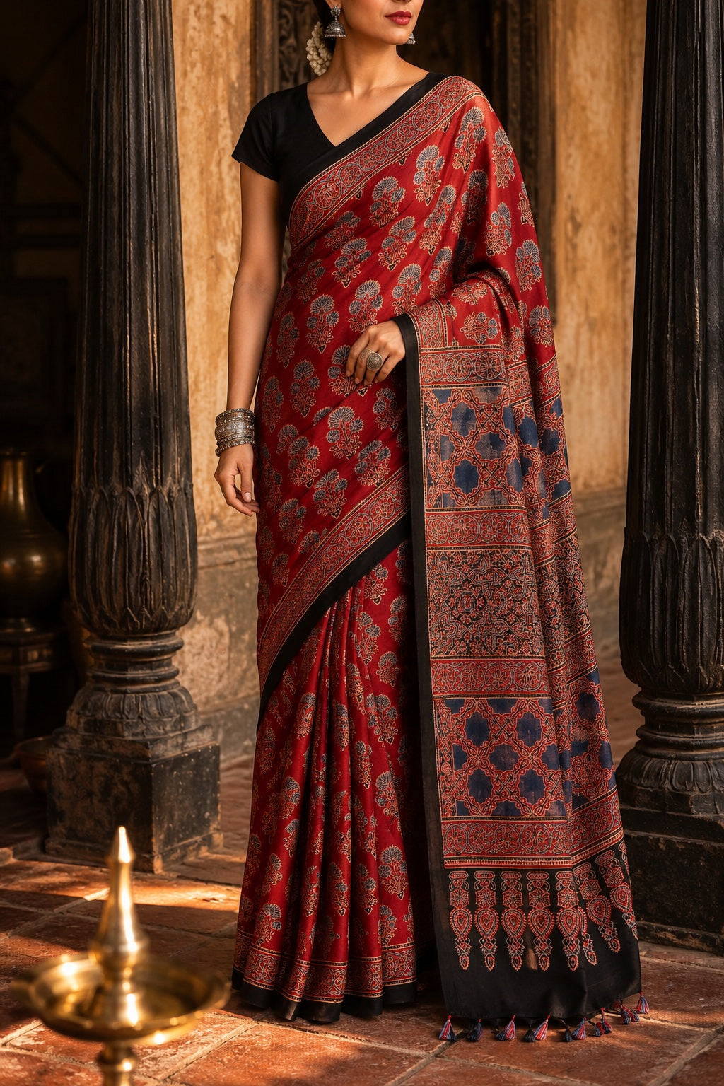 Surekha — Red Modal Silk Ajrakh Saree | Hand Block Print | Awadhalaya