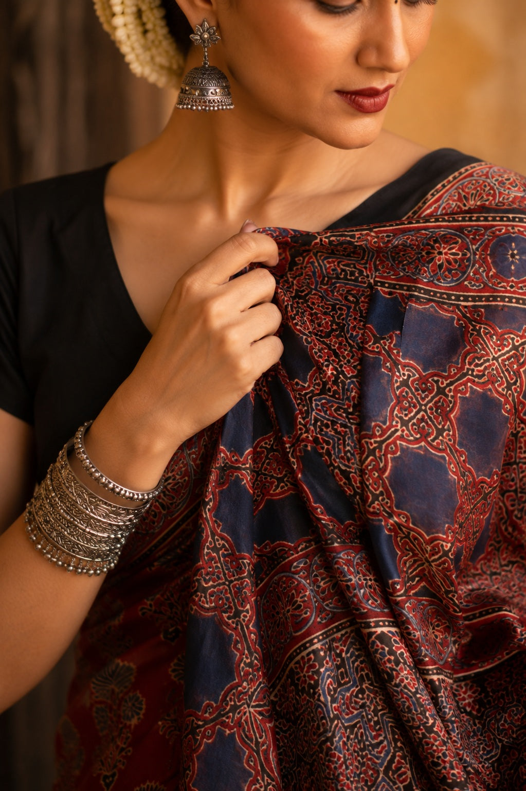 Surekha — Red Modal Silk Ajrakh Saree | Hand Block Print | Awadhalaya
