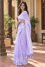 Lavanya — Lilac Cotton Saree with White Embroidery & Crochet Lace
