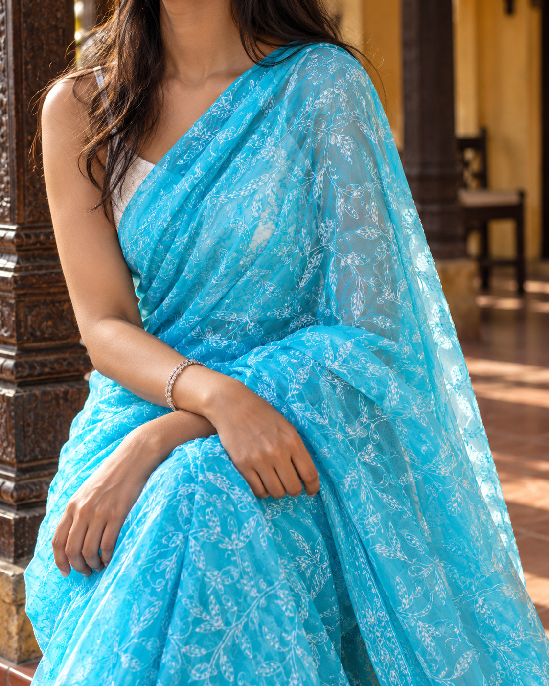 Ambar — Sky Blue Georgette Chikankari Saree with Blouse