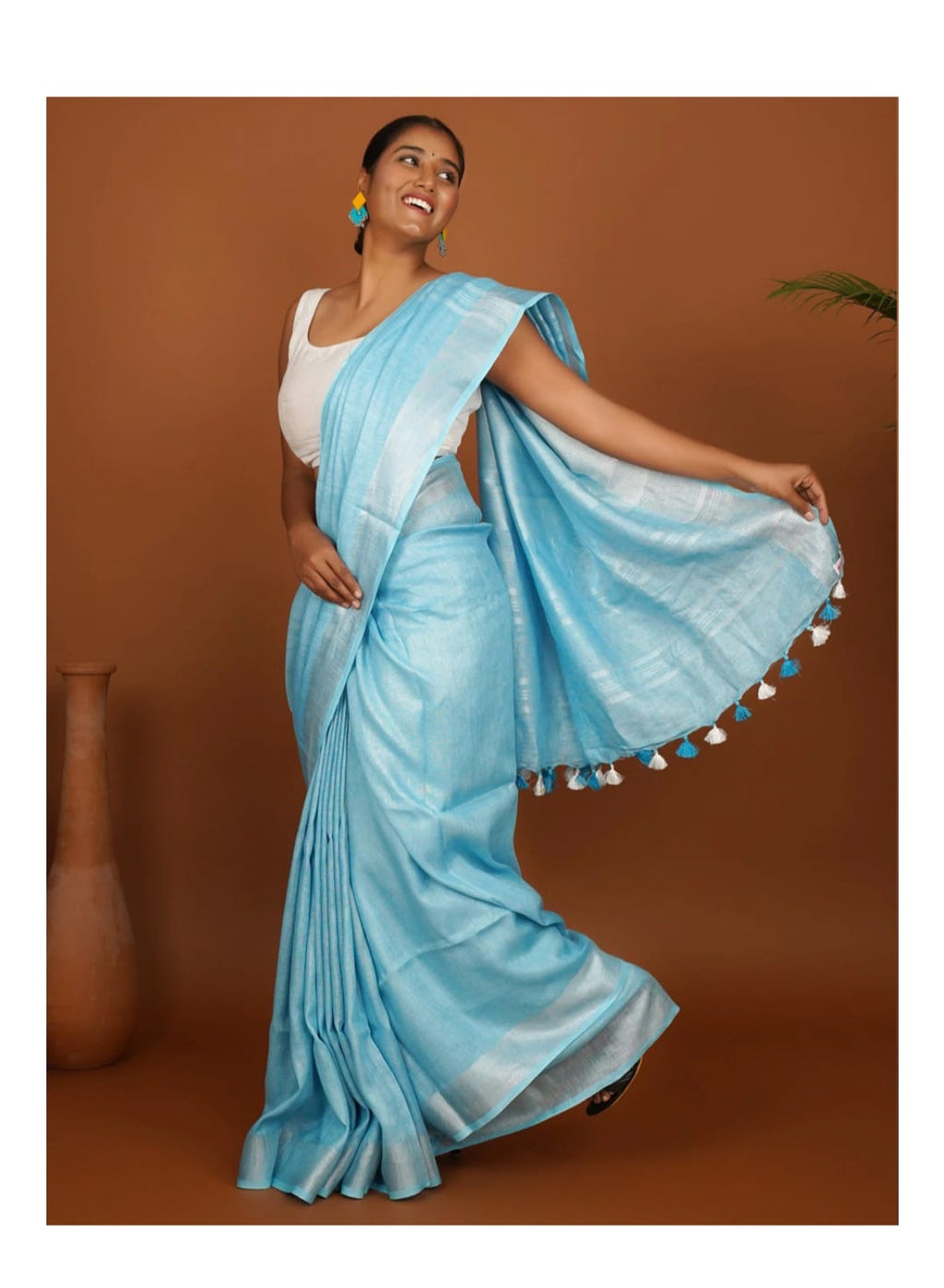 Sky Blue Handwoven Linen Saree with Tassel Pallu