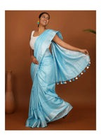 Sky Blue Handwoven Linen Saree with Tassel Pallu