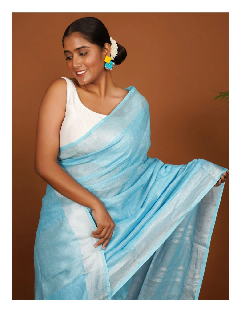 Sky Blue Handwoven Linen Saree with Tassel Pallu