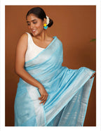 Sky Blue Handwoven Linen Saree with Tassel Pallu