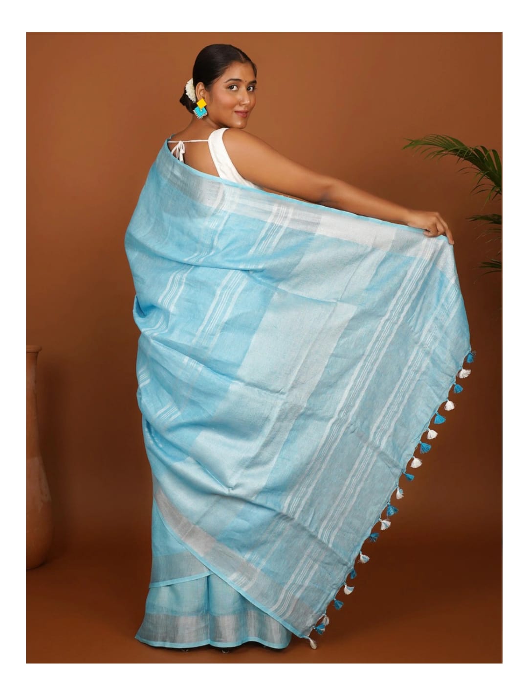 Sky Blue Handwoven Linen Saree with Tassel Pallu