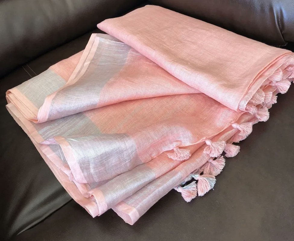 Blush Pink Linen Saree with Silver Border & Tassel Pallu
