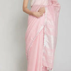 Blush Pink Linen Saree with Silver Border & Tassel Pallu