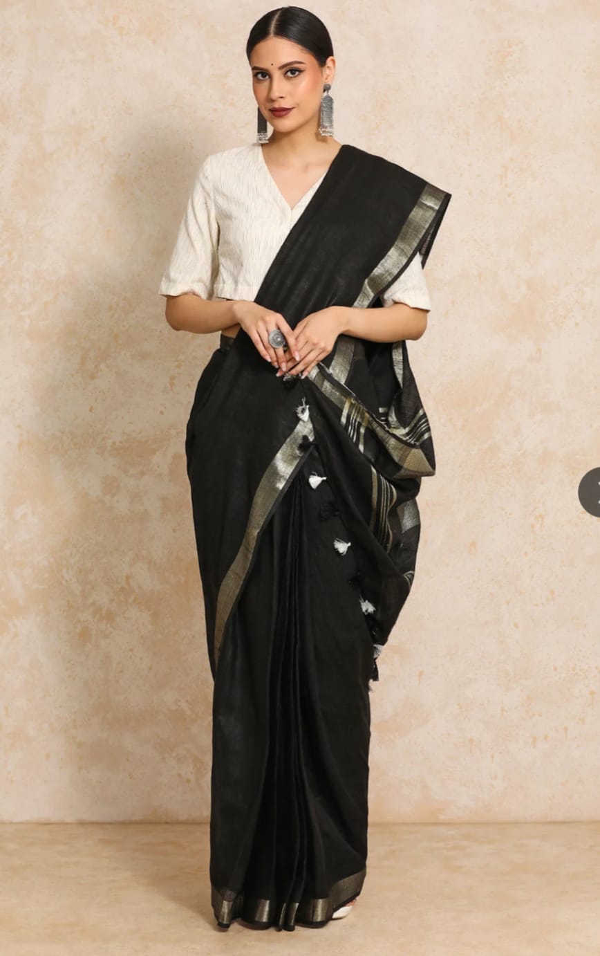Midnight Black Linen Saree with Silver Border