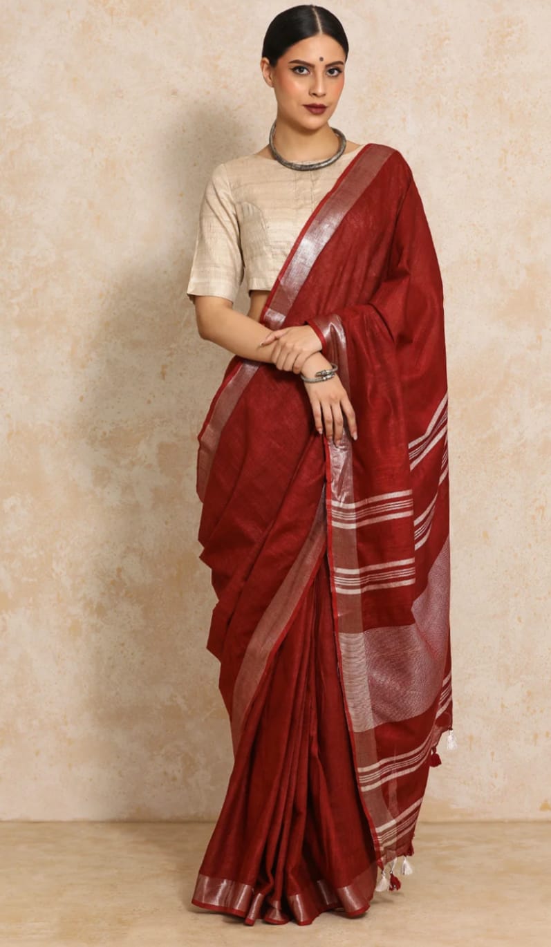 Crimson Red Linen Saree with Silver Border