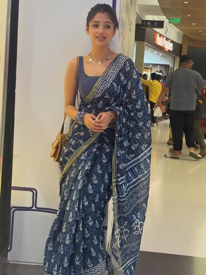 Indigo Handblock Print Cotton Saree with Tribal Border