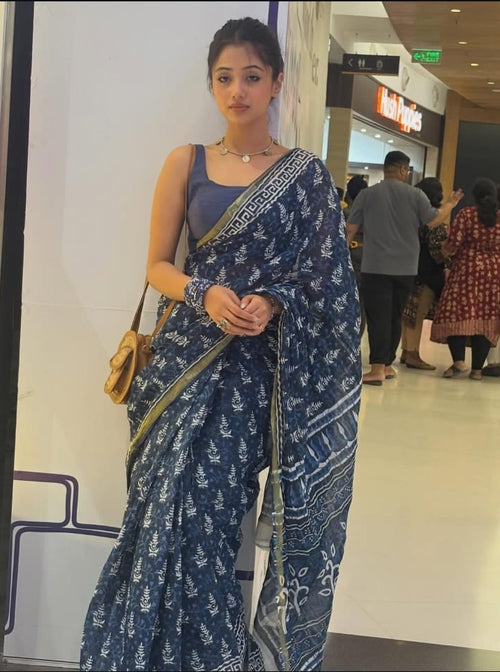 Indigo Handblock Print Cotton Saree with Tribal Border