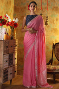 Rose Pink Linen Saree with Silver Border