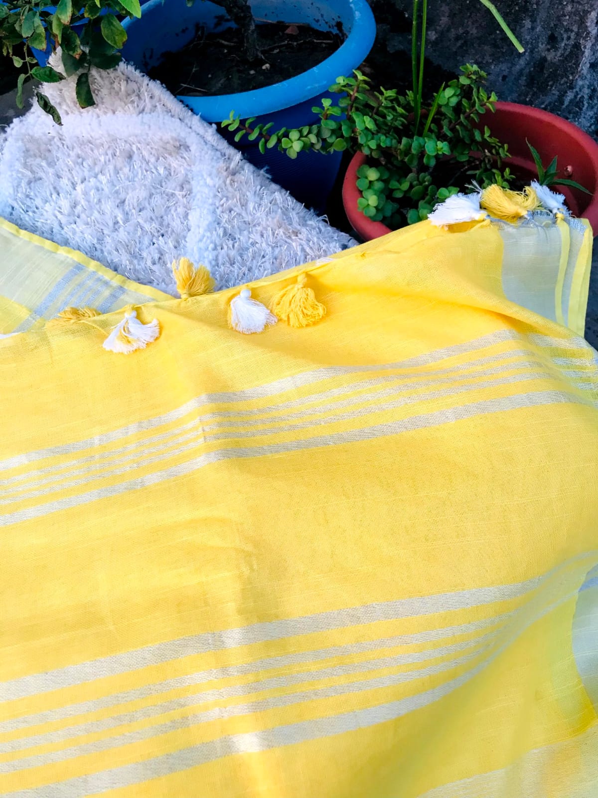 Sunshine Yellow Linen Saree with Silver Border