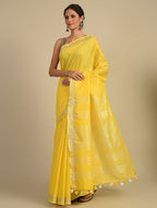 Sunshine Yellow Linen Saree with Silver Border