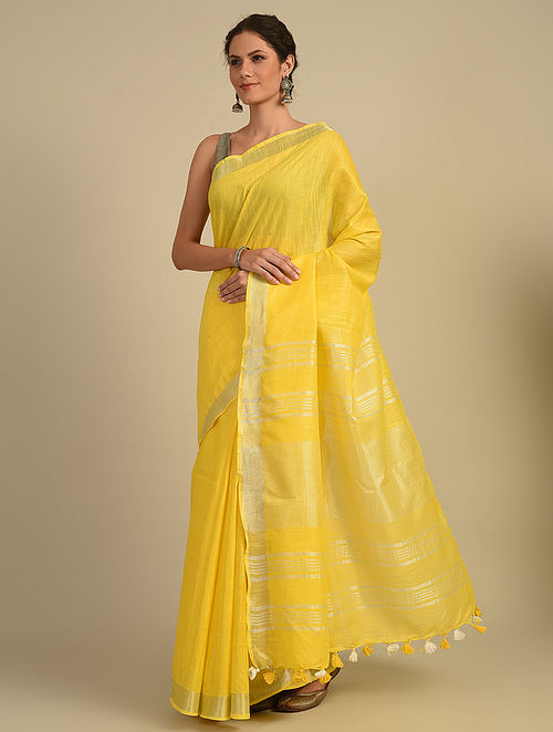 Sunshine Yellow Linen Saree with Silver Border