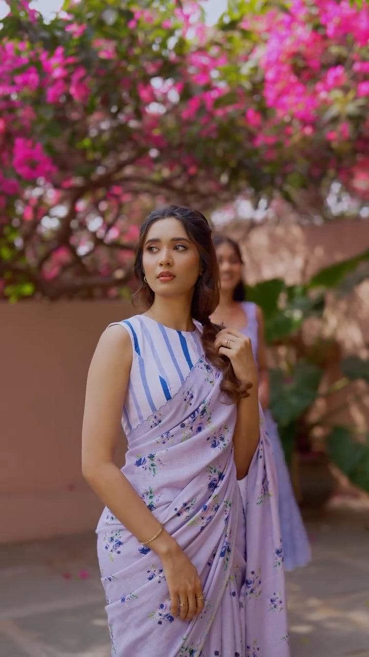  Indian woman in Neerja lavender linen saree — candid side portrait, natural expression, soft floral print on airy linen