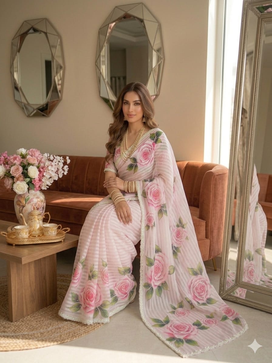 Roshnara — Pure Organza Teby Silk Rose Saree