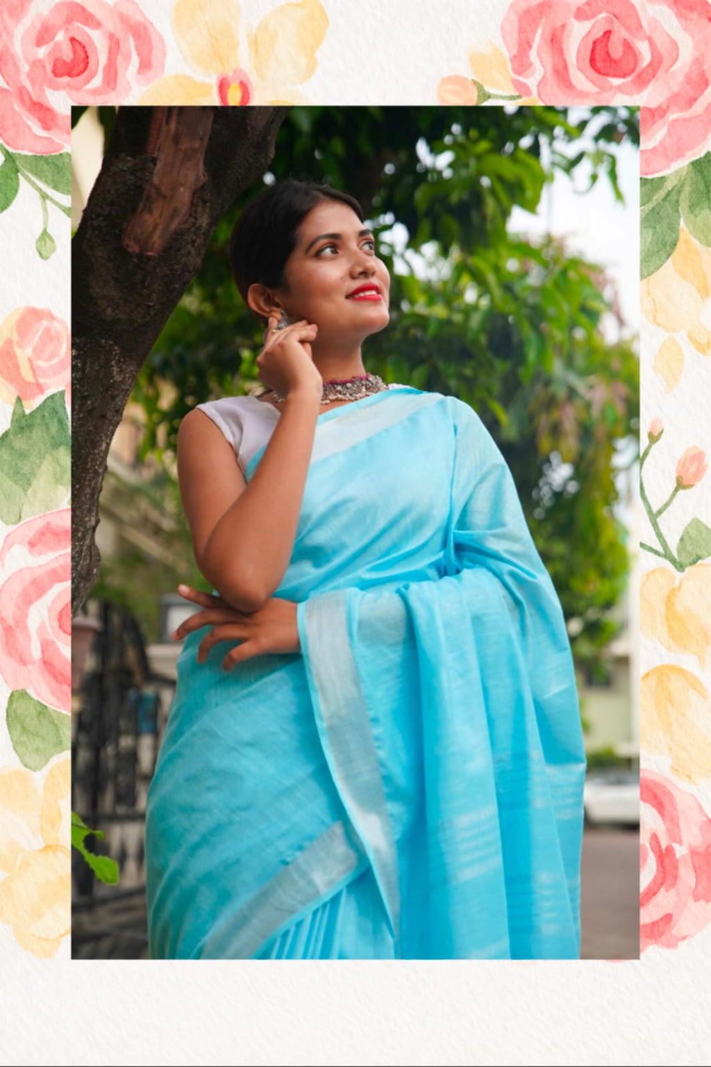 Sky Blue Handwoven Linen Saree with Tassel Pallu