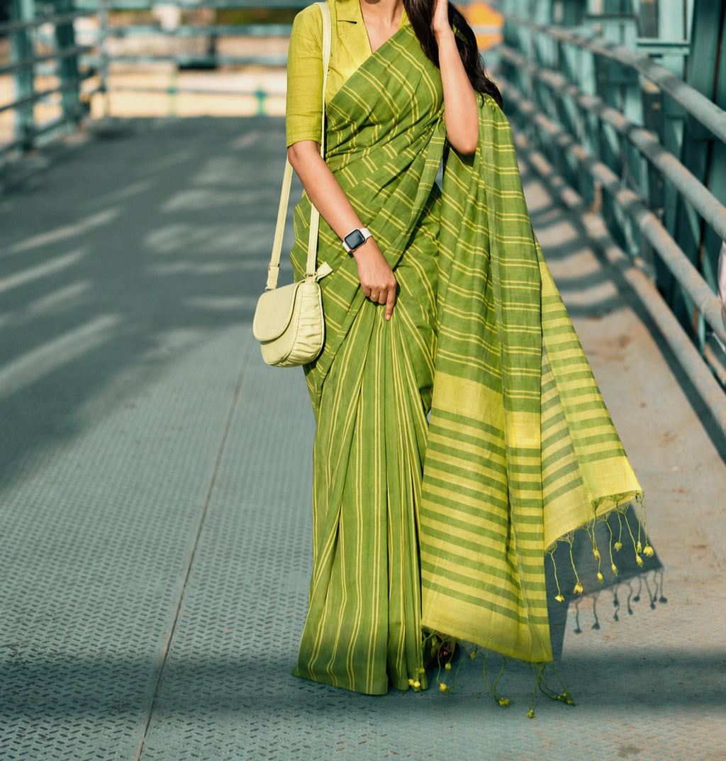 Olive Green Dhonekali Cotton Tant Saree | Pure Cotton | Awadhalaya