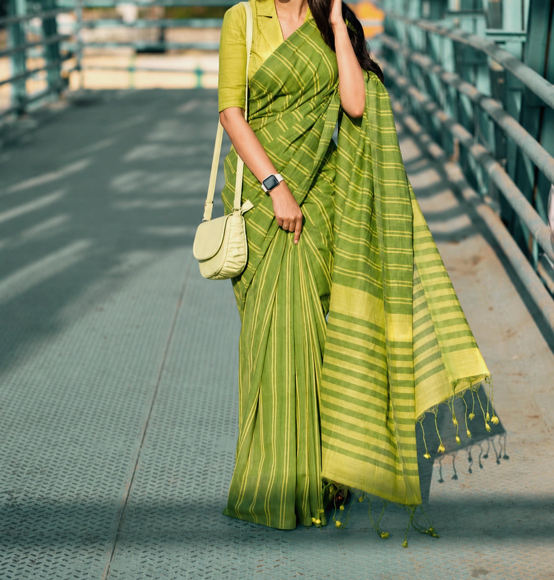 Olive Green Dhonekali Cotton Tant Saree | Pure Cotton | Awadhalaya