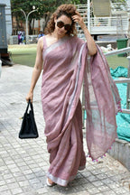 Sreelekha — Rose-Mauve Linen Saree with Silver Border